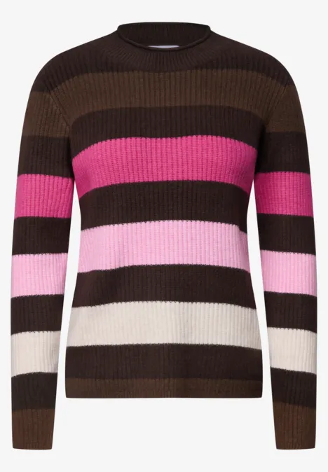 Gestreifter Pullover mit braunen, pinken und weißen Querstreifen