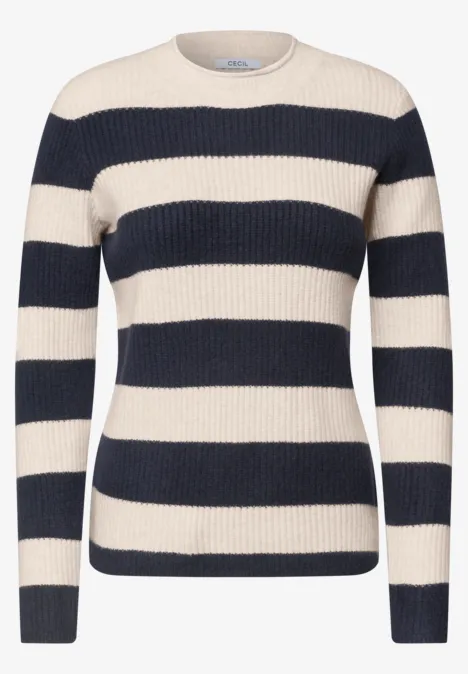 Pullover mit Turtle Neck und Streifen urban dark blue Beiger und dunkelblauer gestreifter Damenpullover mit Rundhalsausschnitt, langärmelig, gestrickt.