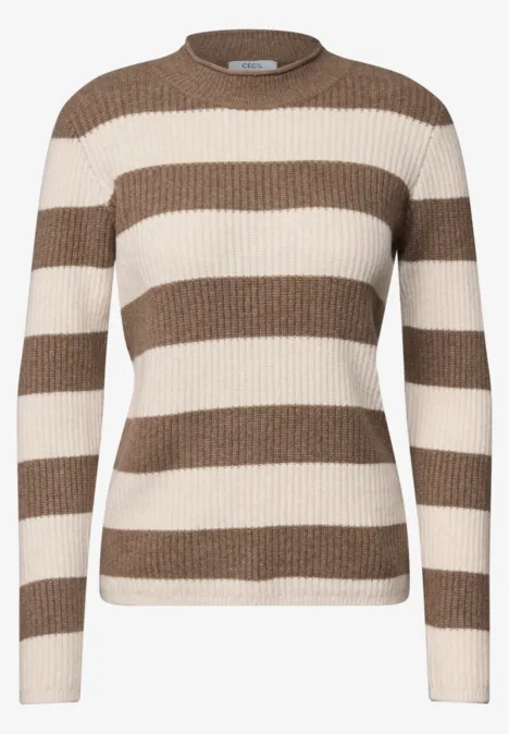 Pullover mit Turtle Neck und Streifen creamy mocha melange Braun-beiger Pullover mit breiten horizontalen Streifen und Rundhalsausschnitt.