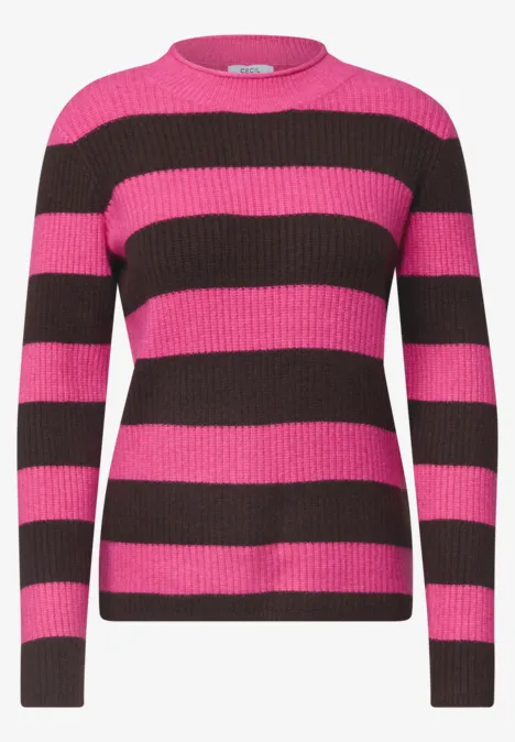 Pullover mit Turtle Neck und Streifen pink flash Ein rosa-schwarz gestreifter Pullover mit Rundhalsausschnitt und langen Ärmeln.