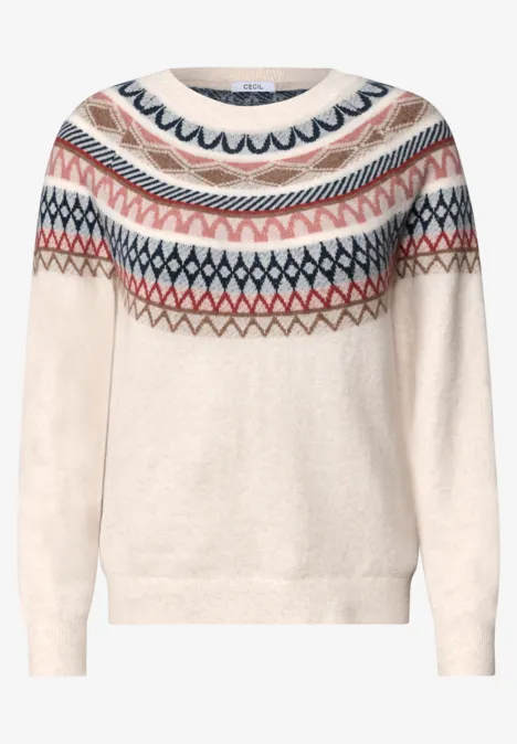 Pull jacquard à col rond oat milk beige melange Pull beige à motif nordique multicolore (bleu, rouge, brun), coupe décontractée.