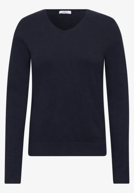 Schwarzer V-Ausschnitt-Pullover mit langen Ärmeln.