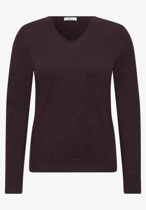 Pullover mit gerundetem V-Ausschnitt berry red Dunkelbrauner Pullover mit V-Ausschnitt und langen Ärmeln.