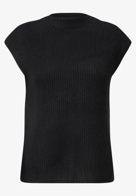 Pullunder mit Turtle Neck und Zopfdetails Black Schwarzes, geripptes Strickoberteil mit kurzem Arm und Rundhalsausschnitt.