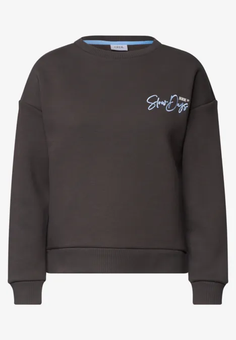 Dunkelgraues Damen-Sweatshirt mit Rundhalsausschnitt und heller Schriftzug "Slow Vogue" auf der Brust.