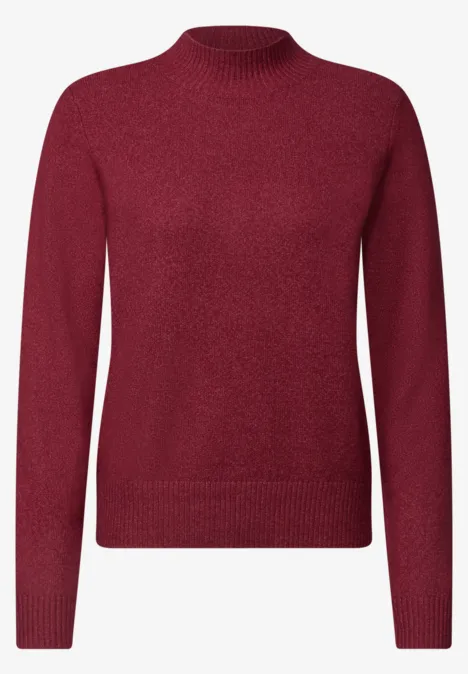 Pullover in Unifarbe mit Turtle Neck rhubarb melange Damen-Pullover in kräftigem Rot, schlichtes Design mit Rundhalsausschnitt und gerippten Bündchen.
