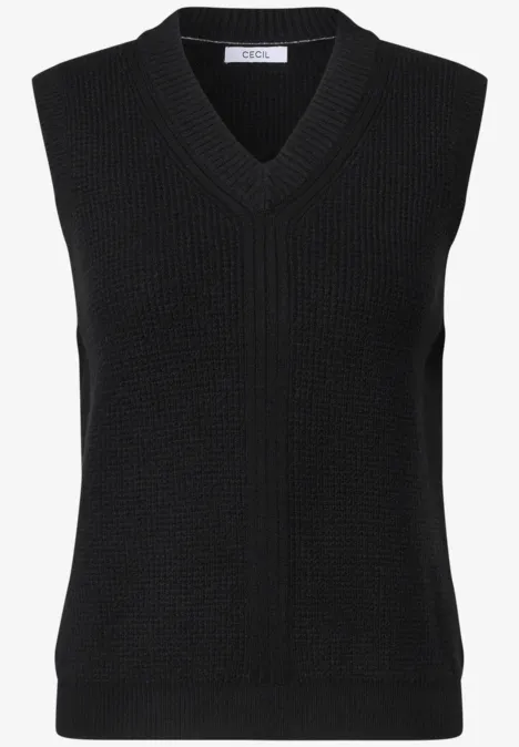 Pull sans manches uni à col en V Black Schwarzer, ärmelloser Strickpullover mit V-Ausschnitt.