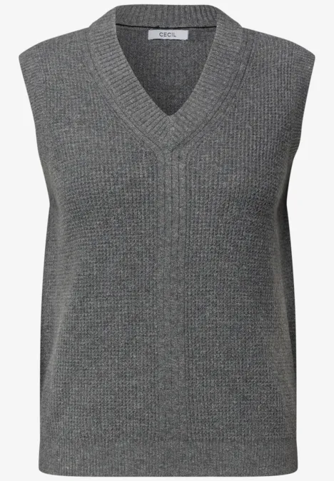 Pull sans manches gris en maille avec col en V.
