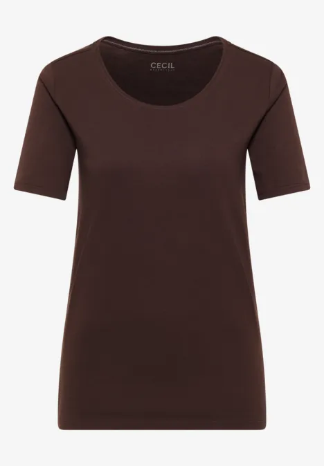T-shirt brun foncé à col rond et manches courtes.
