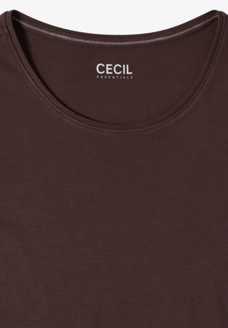 T-shirt marron foncé à col rond, design épuré, logo CECIL à l'arrière du col.