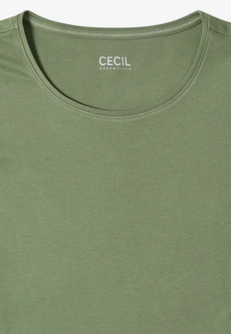 T-shirt basique à col rond en couleur unie deep matcha green Un t-shirt simple vert olive à col rond avec logo CECIL à l’intérieur.