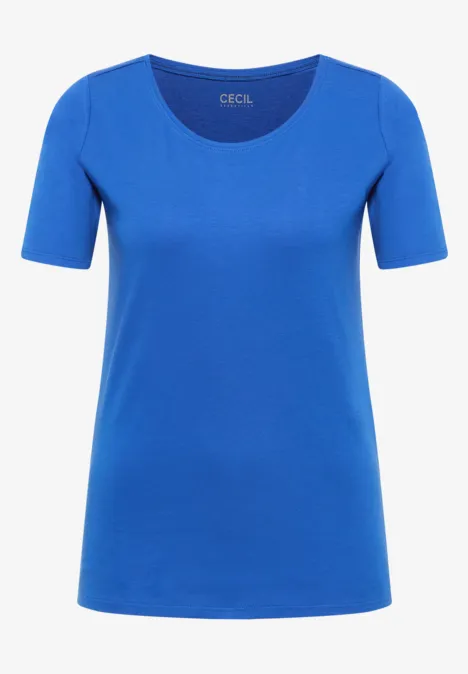 Un t-shirt femme bleu uni, à manches courtes et col rond.