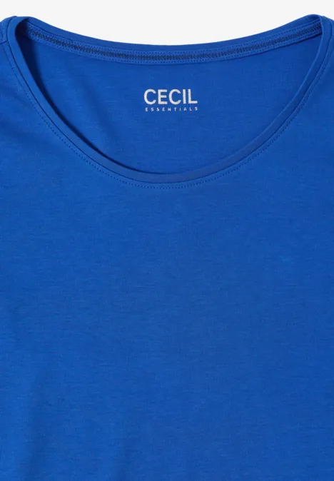 T-shirt uni bleu royal à encolure ronde, tissu lisse et légèrement texturé.