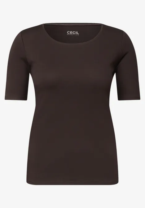 Kurzärmeliges, schlichtes, braunes Damen-Shirt mit Rundhalsausschnitt.