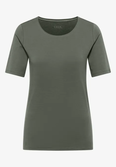 Schlichtes, olivgrünes Damen-T-Shirt mit halblangen Ärmeln und Rundhalsausschnitt.