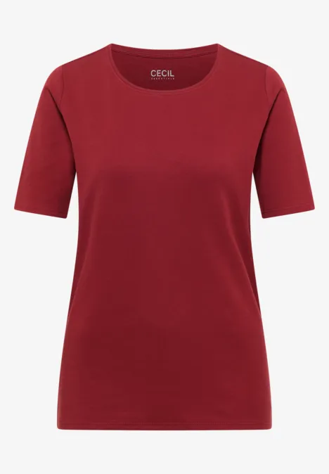 Ein schlichtes, weinrotes T-Shirt mit kurzen Ärmeln und Rundhalsausschnitt.