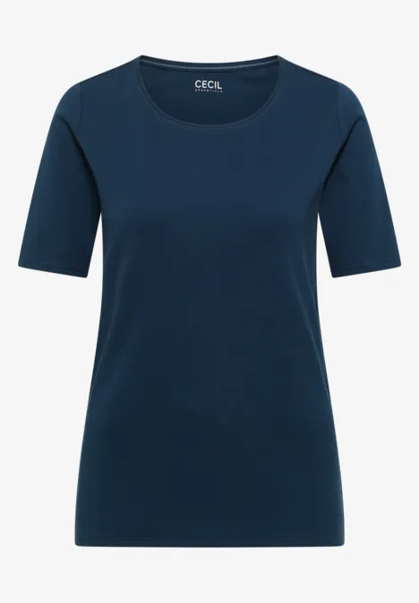 Damen-T-Shirt in Marineblau mit Rundhalsausschnitt und halblangen Ärmeln.