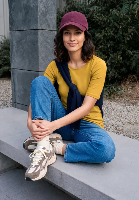 Junge Frau in gelbem T-Shirt, Jeans und Mütze sitzt lächelnd im Freien auf einer Steinbank.