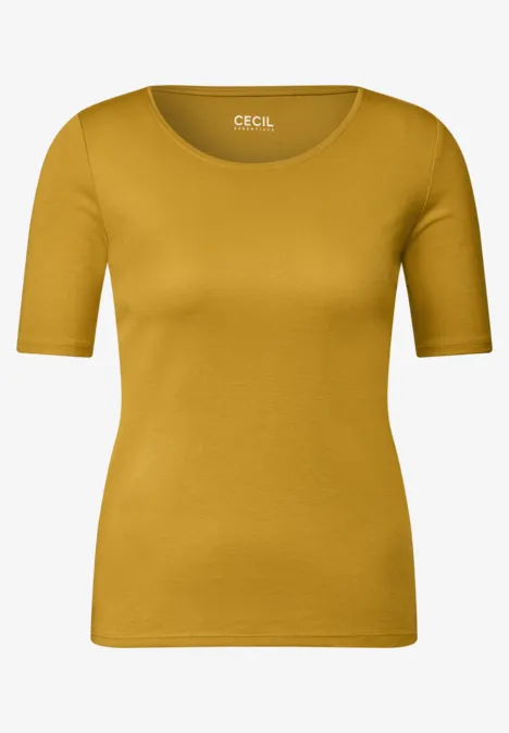 Schlichtes, senfgelbes Damen-T-Shirt mit Rundhalsausschnitt und halblangen Ärmeln.