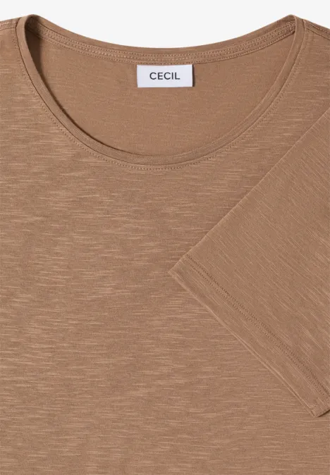 Basic Shirt met ronde hals creamy mocha Eenvoudig bruin T-shirt met korte mouwen, ronde hals en 'CECIL'-label in de nek