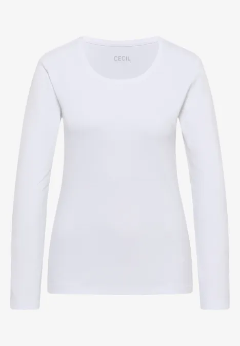 Basic shirt met lange mouwen en ronde hals White Schlichtes langärmliges weißes Damen-Shirt mit Rundhalsausschnitt.