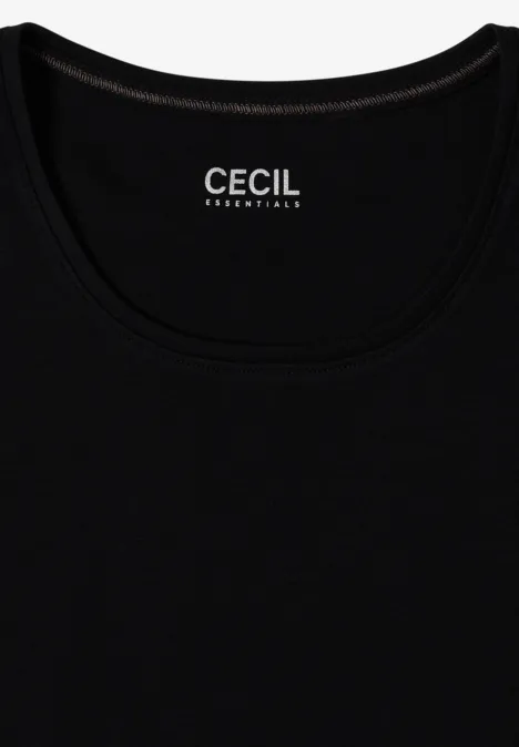 Basic shirt met lange mouwen en ronde hals Black Schwarzes Kurzarm-T-Shirt mit Rundhalsausschnitt und ‚CECIL‘-Logo im Nacken.