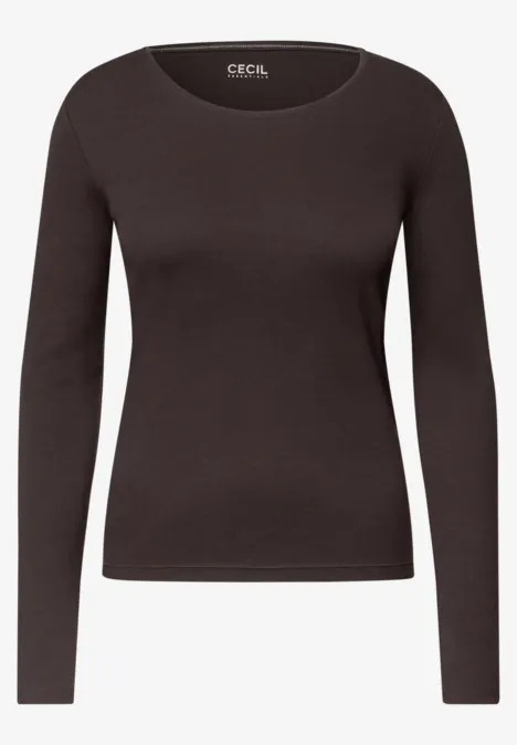 Braunes Damen-Langarmshirt mit U-Ausschnitt, slim-fit, schlicht und elegant.