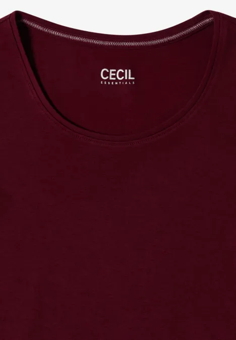 Basic Langarm Shirt mit Rundhals red wine Ein weinrotes Damen-Top mit Rundhalsausschnitt und CECIL-Label.