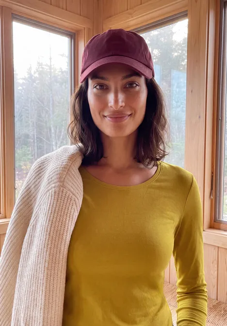 T-shirt basique à manches longues et col rond golden honey Frau mit grüner Bluse und lila Cap, lächelnd, trägt Strickjacke über der Schulter vor Holzfenstern.