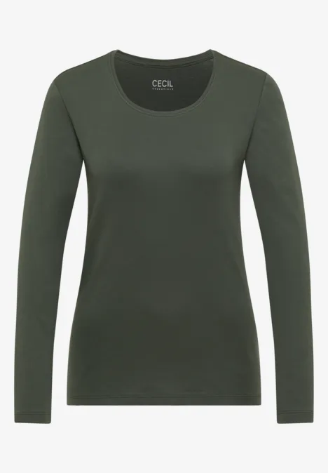 Dunkelgrünes, schlichtes Langarmshirt mit rundem Ausschnitt von CECIL.