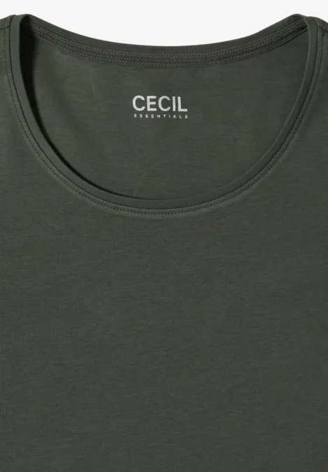 Dunkelgrünes ärmelloses T-Shirt mit Rundhals und weißem „CECIL“-Logo im Nackenbereich.
