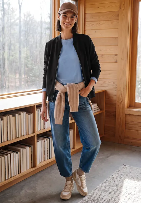 Jeune femme en jean, t-shirt et veste, pull noué à la taille, casquette et baskets dans un intérieur en bois chaleureux.