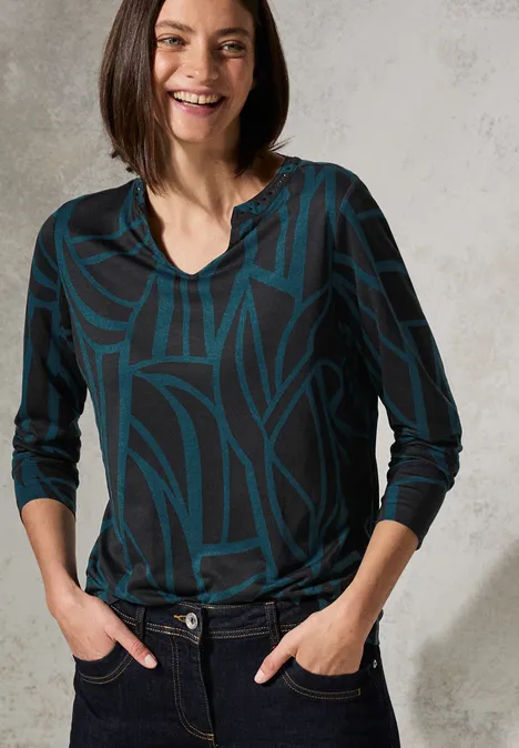 Print-Shirt mit Ziersteinen Black