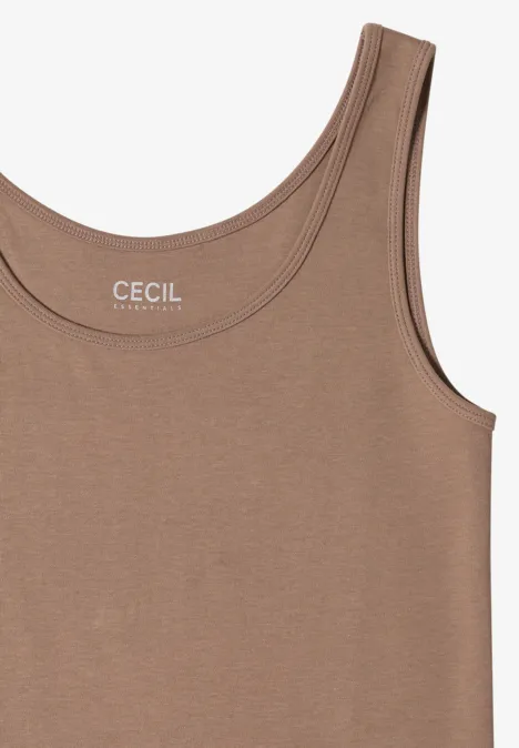 Débardeur marron pour femme, sans manches, encolure arrondie, logo CECIL imprimé à l’intérieur du col.