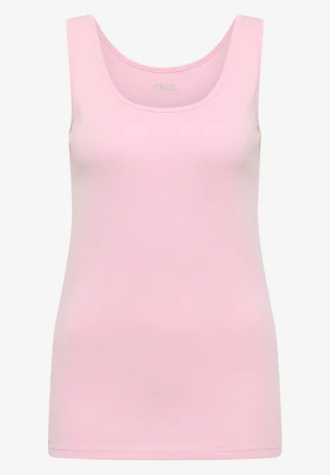 Ein ärmelloses, hellrosa Tanktop aus weichem Stoff, schlicht und eng anliegend.