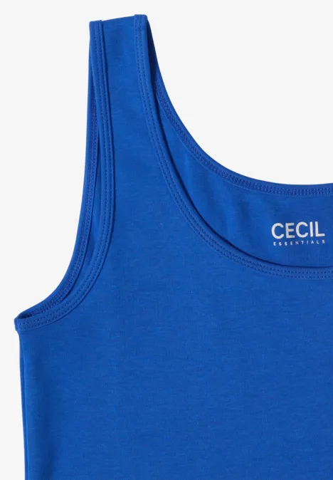 Blaues ärmelloses Top mit rundem Ausschnitt und sichtbar platziertem ‚CECIL‘-Label.