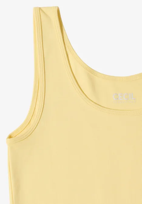 Gelbes ärmelloses Tanktop mit Rundhalsausschnitt und dezenter "CECIL"-Markierung auf der Vorderseite.