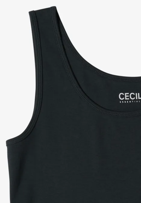 Zwarte dames tanktop zonder mouwen, brede schouderbanden, ronde hals en 'CECIL' label binnenin.