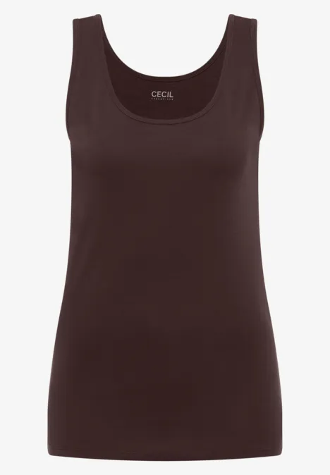Dunkelbraunes ärmelloses Damen-Top mit rundem Ausschnitt.