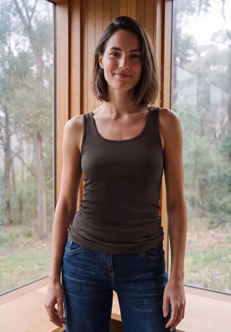 Basic top van puur katoen truffle brown Een glimlachende vrouw in een topje en jeans voor een groot raam met bos op de achtergrond.