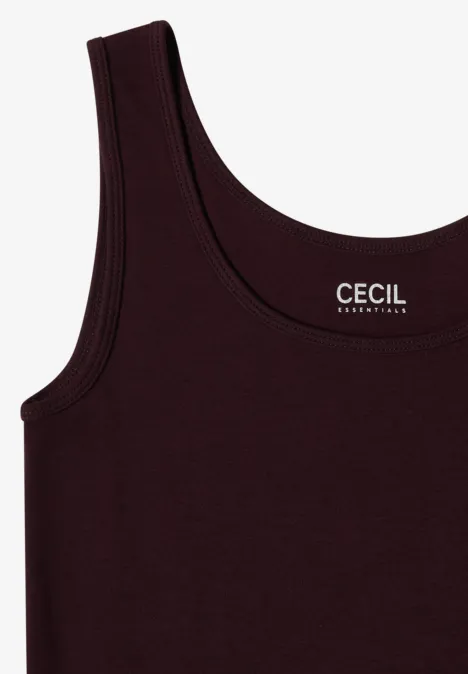 Basic top van puur katoen berry red Dunkelrotes ärmelloses Tanktop mit rundem Ausschnitt und weißem CECIL-Logo auf der Brust.