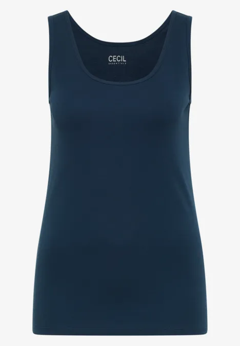 Schlichtes, ärmelloses dunkelblaues Tanktop mit rundem Ausschnitt.