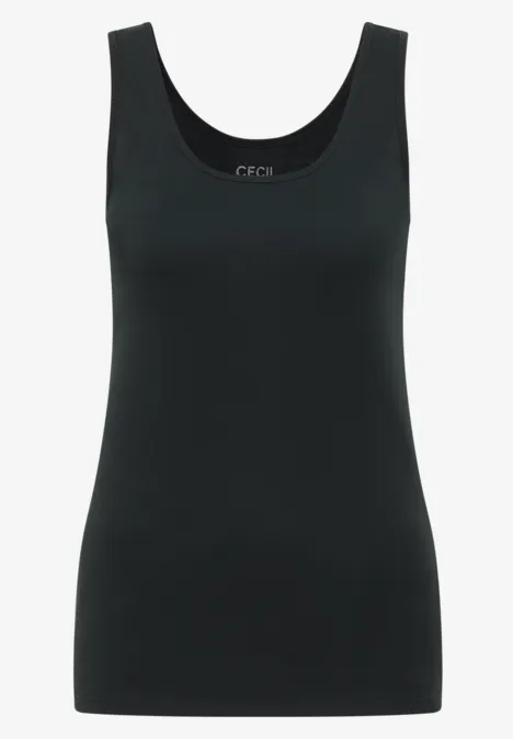 Schlichtes, ärmelloses schwarzes Tanktop mit rundem Ausschnitt und taillierter Passform.