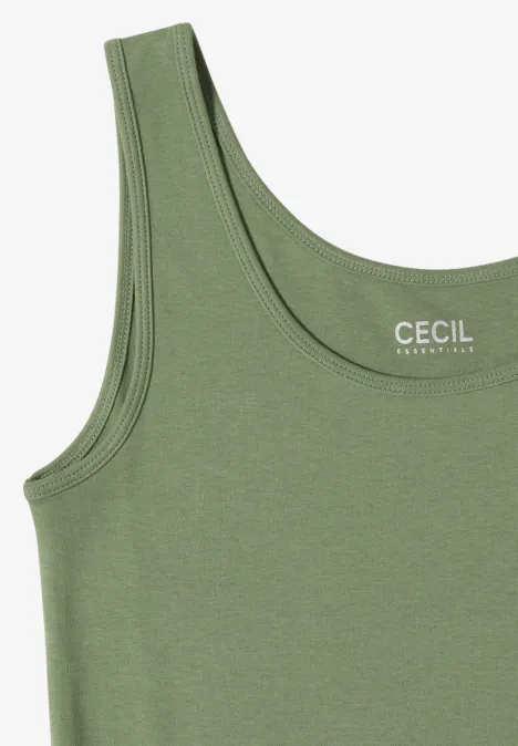 Groen mouwloos tanktopje met smalle bandjes en CECIL-logo aan de binnenkant van de hals.