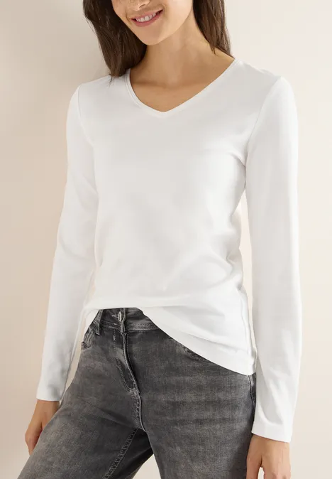 V-Neck Langarmshirt vanilla white