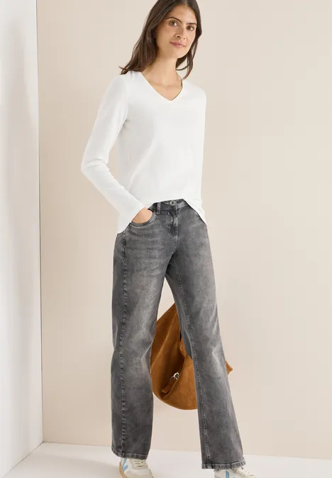 V-Neck Langarmshirt vanilla white