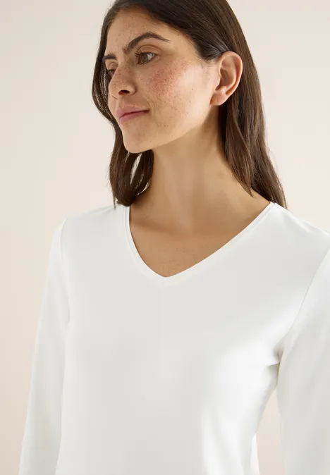 V-Neck Langarmshirt vanilla white