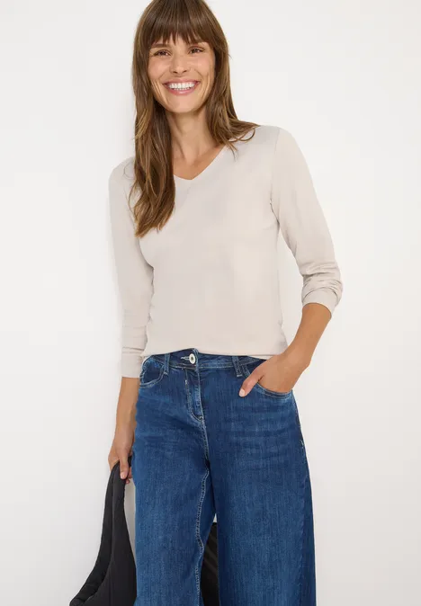 V-Neck Langarmshirt light greige