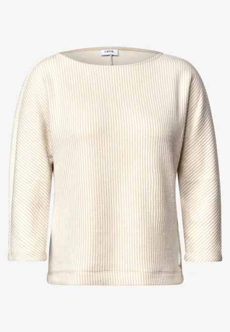 Beiger Rippstrickpullover mit 3/4-Ärmeln und Rundhalsausschnitt