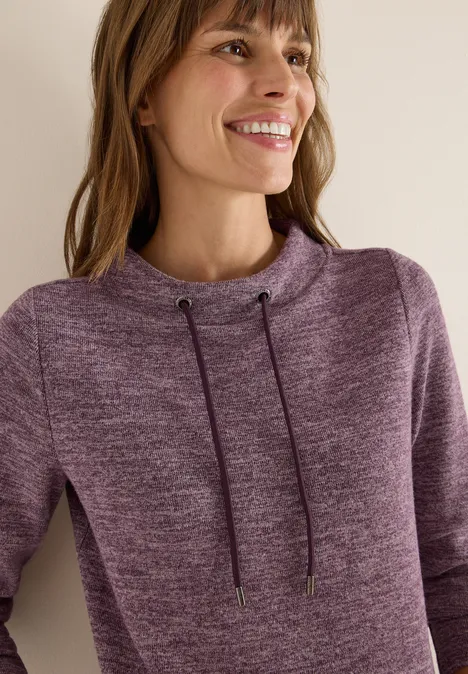 Gemêleerd geribd overhemd met trechtervormige hals eggplant red melange